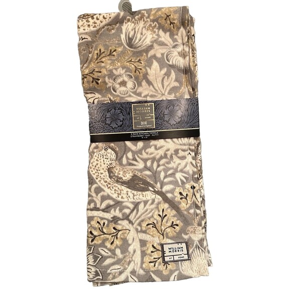 William Morris & Co Kitchen Dish Towels Strawberry Thief Putty Cotton Set of 3 - Picture 1 of 11